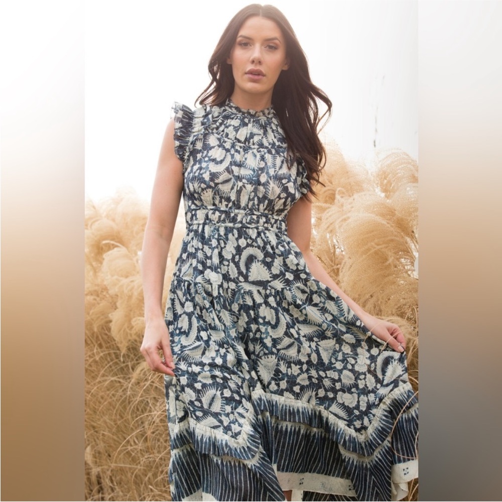 Ulla Johnson Amalia Dress Indigo Batik Print High Low Midi Dress Ruffle Size 2‎